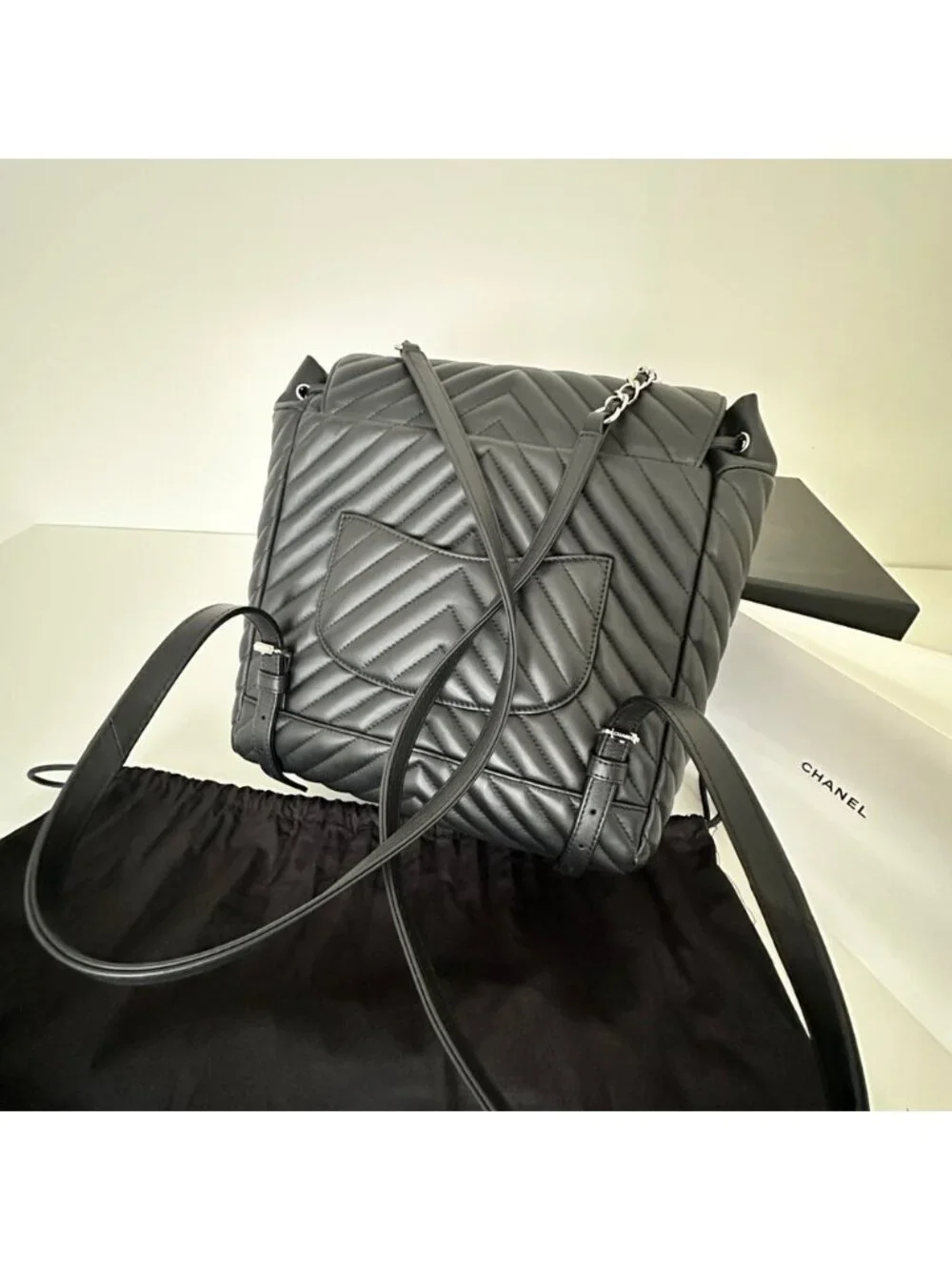 Chanel Black Chevron Quilted Lambskin Leather Large Urban Spirit Backpack